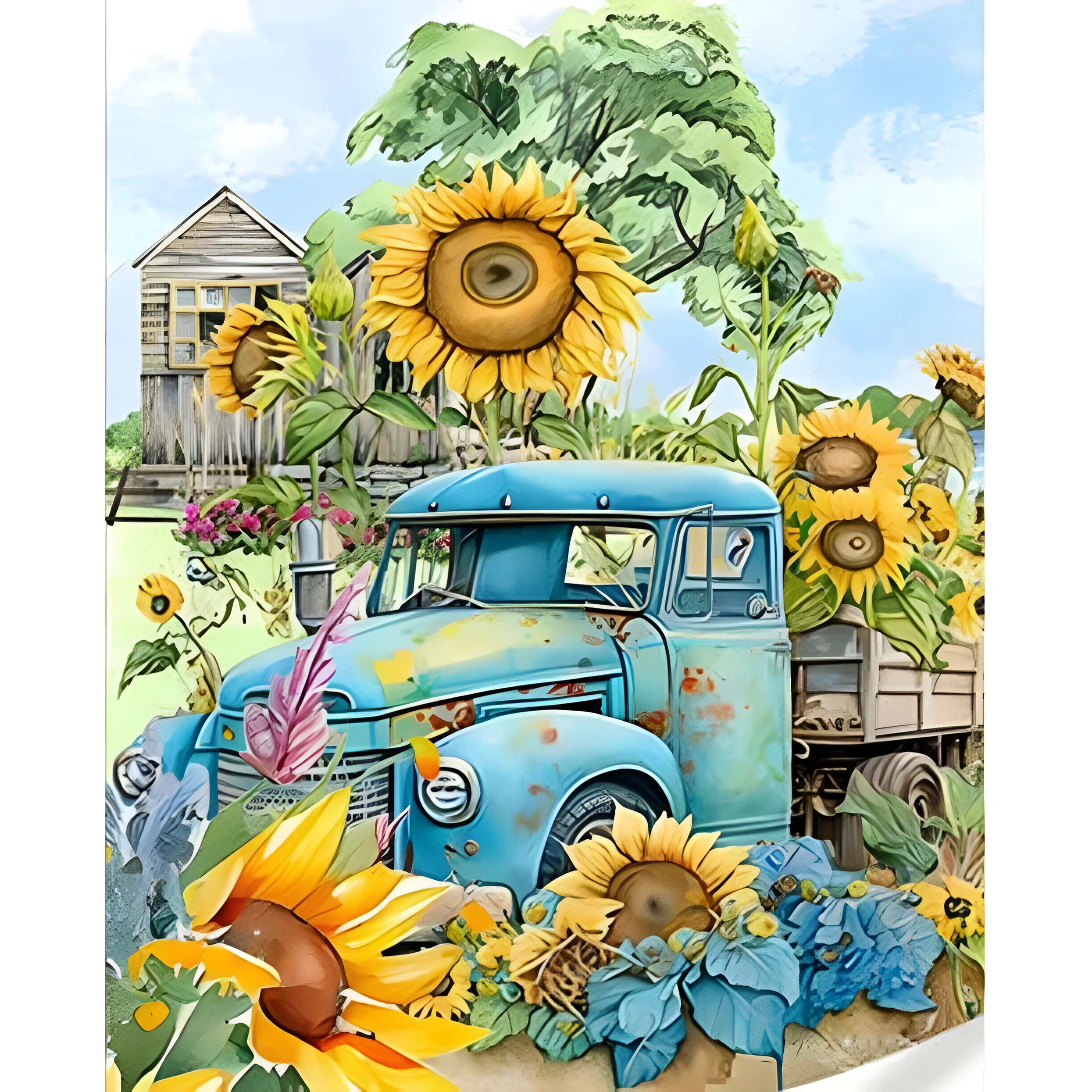 Алмазна мозаїка Strateg Грузовик у соняшниках розміром 30х40 см кв