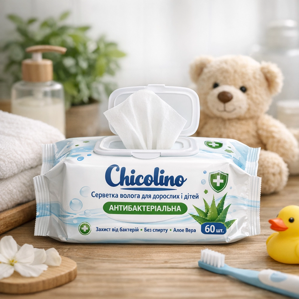 Chicolino Серветка волога для дорослих і дітей антибактеріальна 60шт.