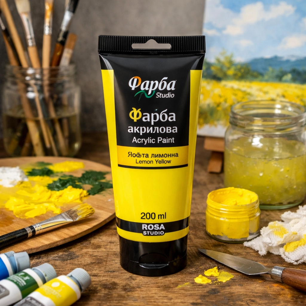 Фарба акрилова, Жовта лимонна, 200 мл, ROSA Studio