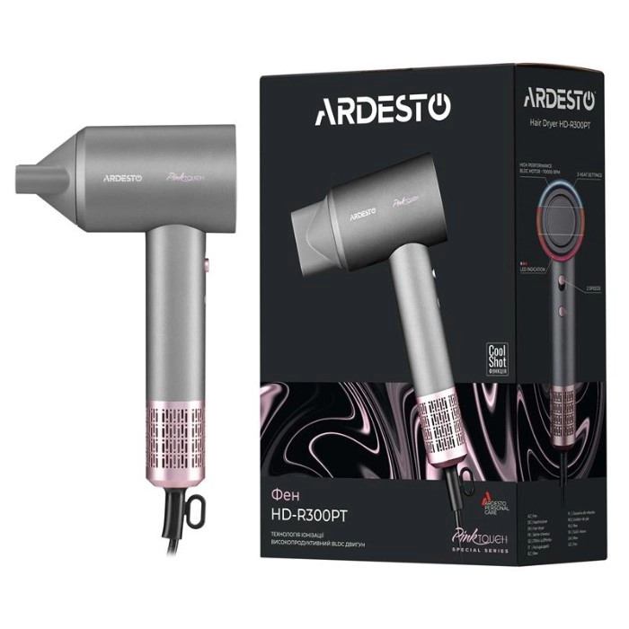 Фен Ardesto Pink Touch, 1600Вт, 2 швидкості, 3темп.режими, іонізація, дифузор, магнітні насадки, сірий+рожевий — фото 2