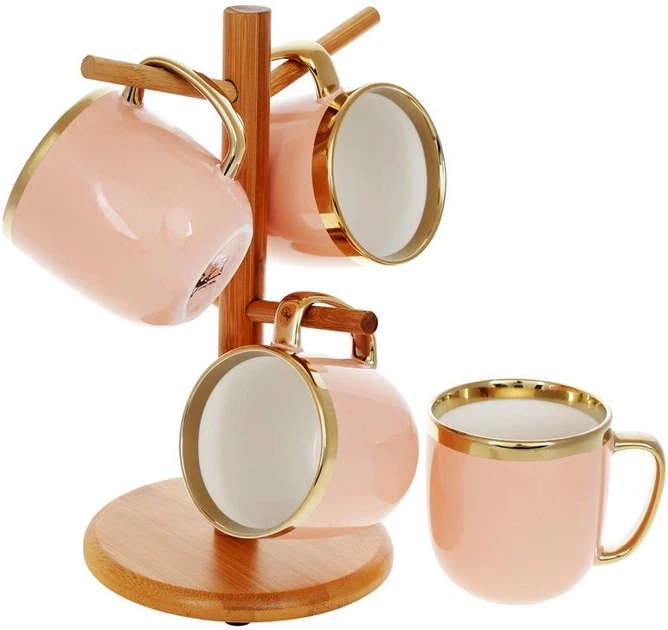 Набір чашок Bona Di Золота лінія 320мл на бамбуковій підставці 4 шт пудровий 905-231 — фото 3