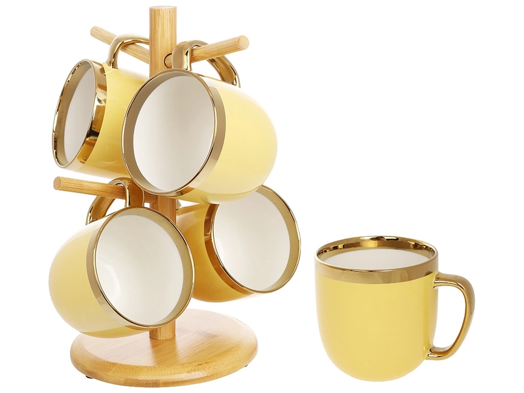 Набір чашок Bona Di Золота лінія 320мл на бамбуковій підставці 4 шт жовтий 905-259 — фото 3