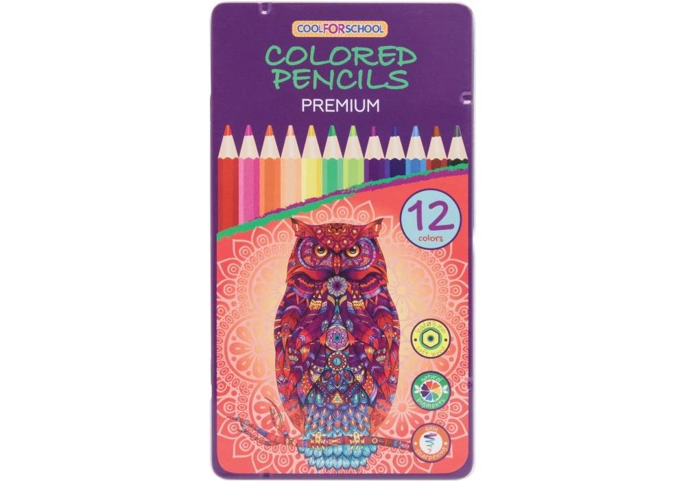 Олівці кольорові Premium 12 кольорів шестигранні в металевій коробці — фото 3