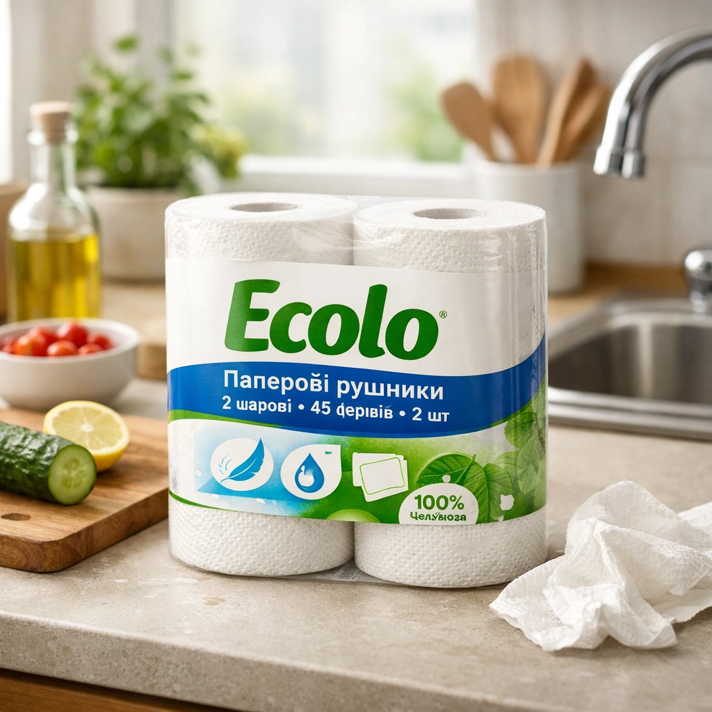 Паперові рушники Ecolo 2 шарові 45 відривів 2 шт