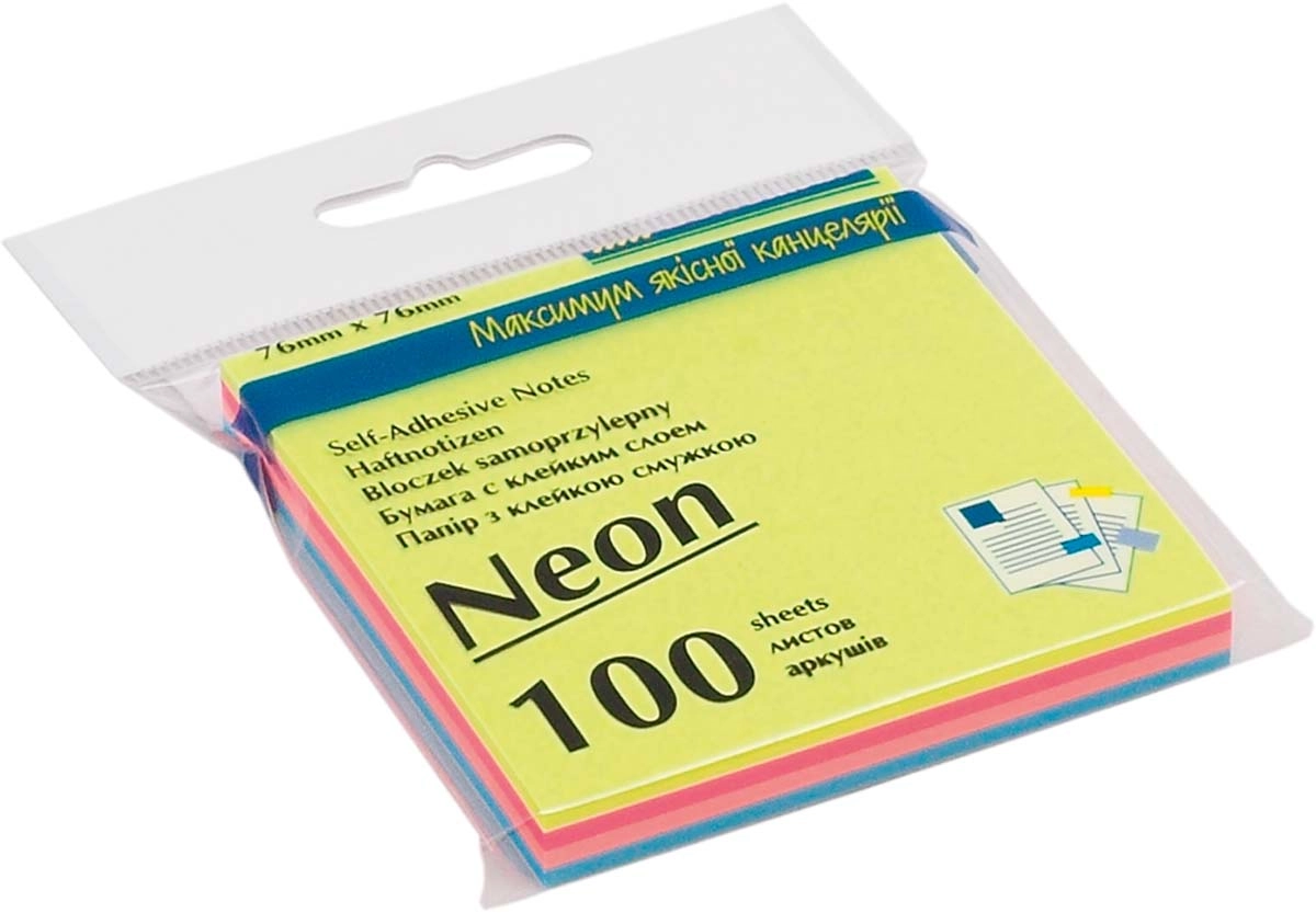 Папір з липким шаром 76*76мм 100арк (4 кольори по 25 аркушів) неон BM.2312-97 — фото 2