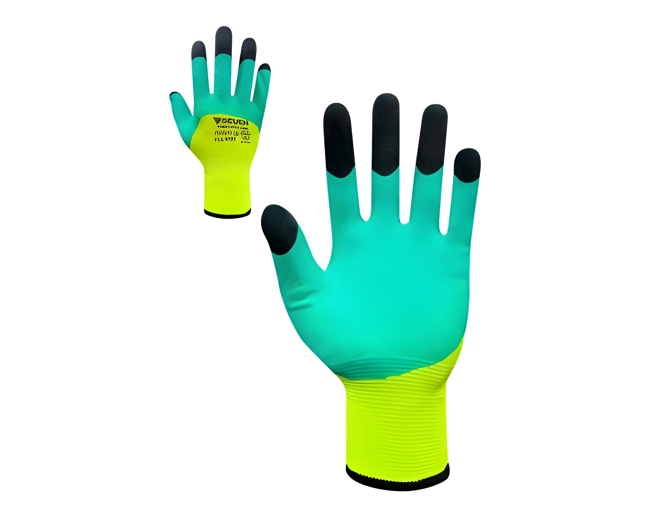 Рукавички синтетичні салатові з подвійним спіненим латексним зелено-чорним 3/4 покриттям б FLL9131 р.9 69131