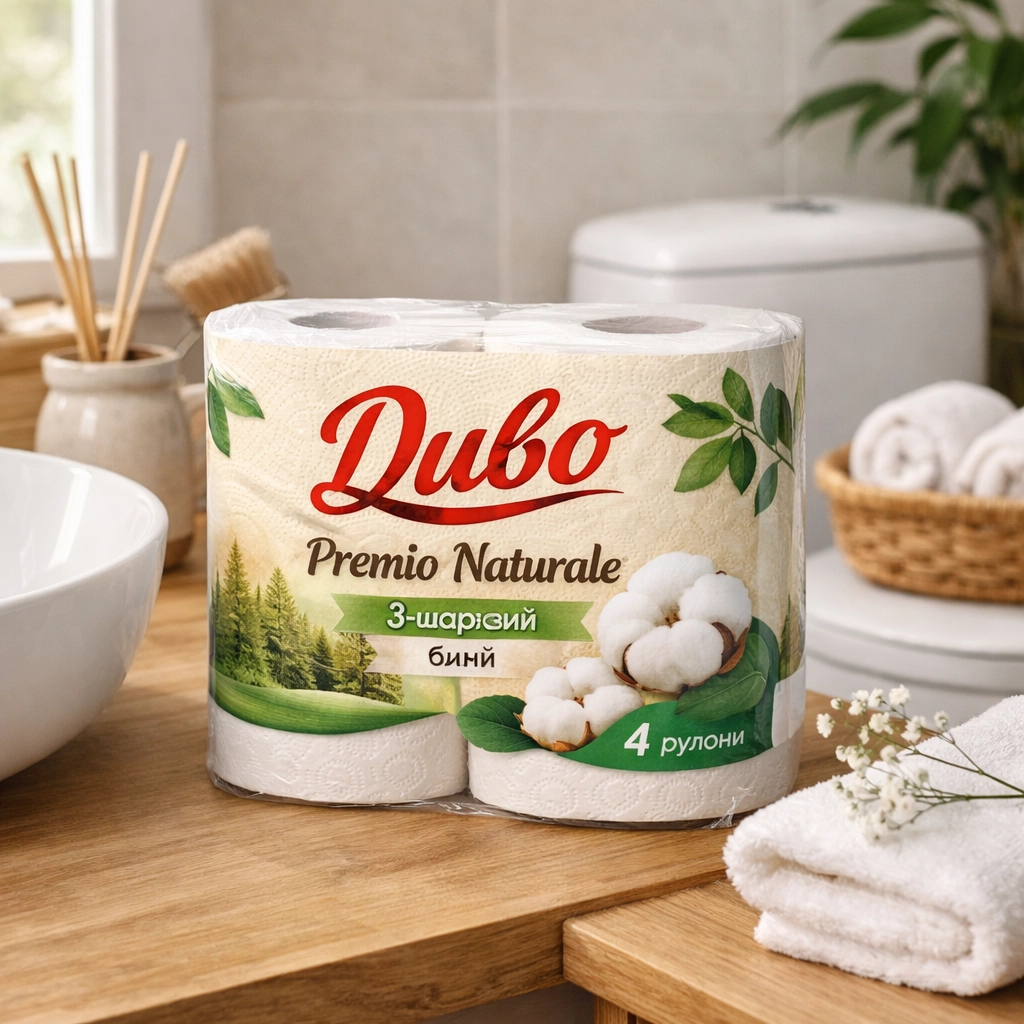 Туалетний папір Диво Premio Naturale 3-х шаровий білий на гільзі 4 рулони